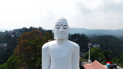 giant white buddha statue at sri maha bodhi viharaya, kandy, sri lanka - aerial pullback