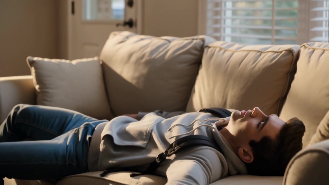 Arriving teenage male in hoodie backpack entering living room flopping onto couch seeking rest