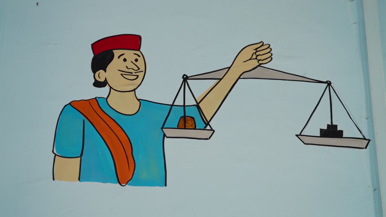 Un murale dipinto su una parete scolastica azzurra raffigura una figura sorridente in abiti tradizionali che tiene una bilancia a piatti con pesi. L'illustrazione funge da opera d'arte educativa in una scuola rurale indiana.