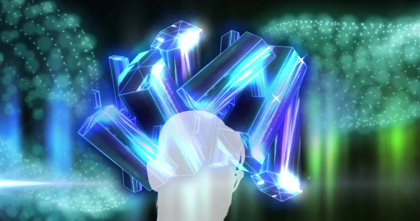 Animazione di forme su cristalli e punti luce su sfondo nero