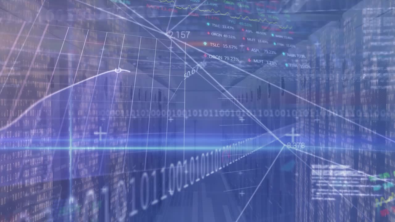 Animation of financial data processing and binary coding over computer servers
