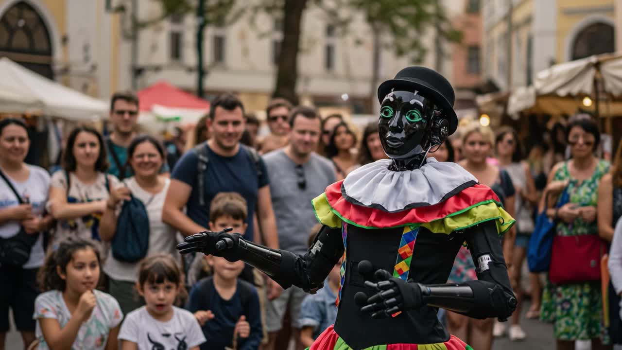 A Humanoid Robot Entertains a Crowded Street Festival with Its Colorful Costume and Engaging Performance, Fascinating Onlookers of All Ages
