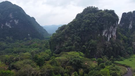 un dron giratorio aéreo de la jungla y las formaciones rocosas del parque nacional khao sok en tailandia en el sudeste asiático