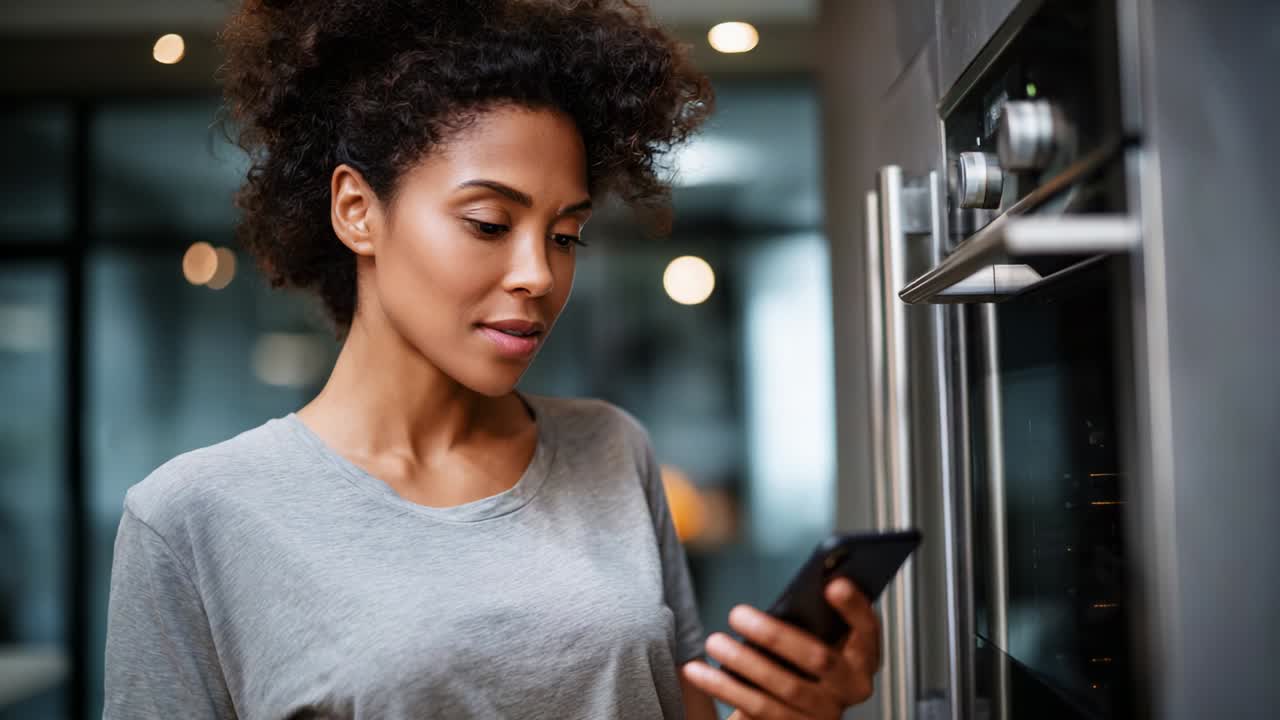 A contemplative woman stands by the kitchen oven, intently focusing on her smartphone with a thoughtful expression, embodying the intersection of technology and daily life in a modern home environment