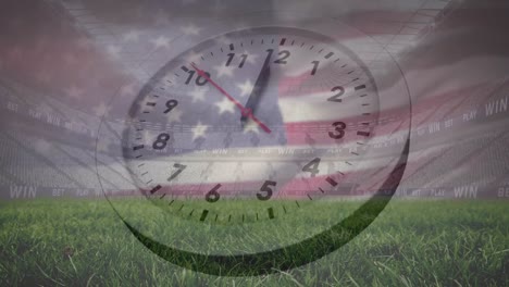 animation of clock and flag of america over low angle view of grass and empty stadium