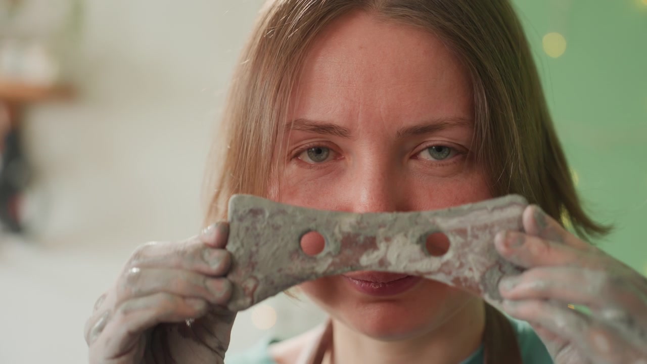 Nahaufnahme-Porträt einer mit Ton bedeckten Töpferin in der Werkstatt, die eine Platte mit Löchern hält, mit spielerischer Maskengeste, Händen voller nassem Ton und einem schüchternen Lächeln, vor einem weichen grünen Bokeh-Hintergrund, mit Schürze und Atelierwerkzeugen