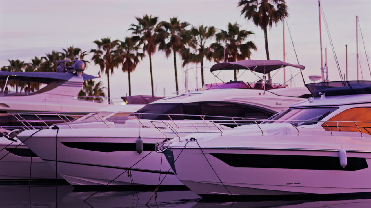 Multiple white boats docked in the Port Vauban at sunset in Antibes, France