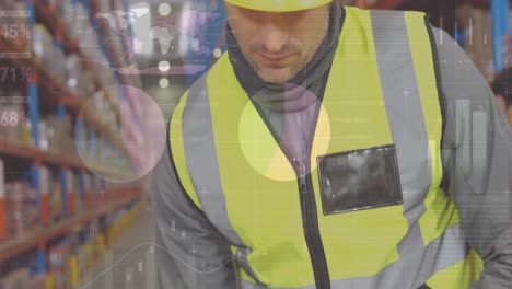 procesamiento de datos estadísticos contra un trabajador caucásico usando un dispositivo de escaneo en el almacén