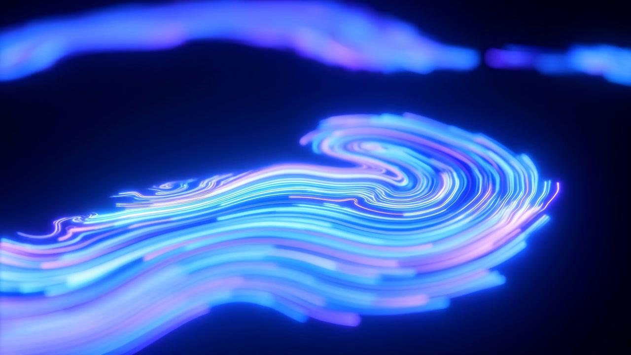 Curving neon-like lines flow from lower left toward right, building dense overlapping loops and rippling contours while soft blurred bands hover above against deep navy space.