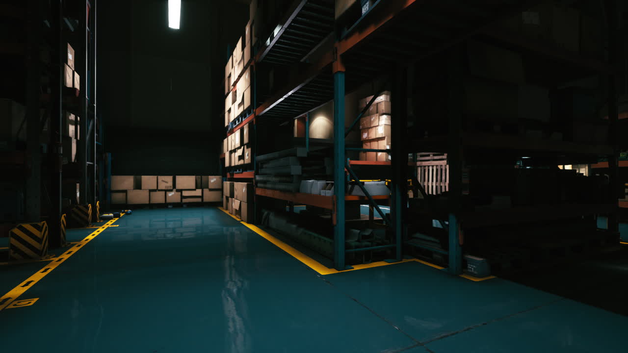 Dark Warehouse Interior with Metal Shelves and Cardboard Boxes