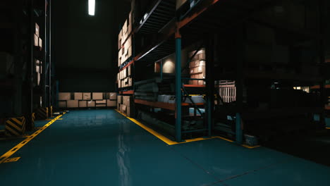 dark warehouse interior with metal shelves and cardboard boxes