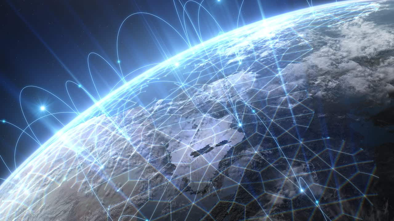 creciente red de red sobre la tierra al atardecer. digital en todo el mundo azul abstracto expansión de la red vista desde el satélite en órbita del planeta 3d animación internet concepto de tecnología de negocios