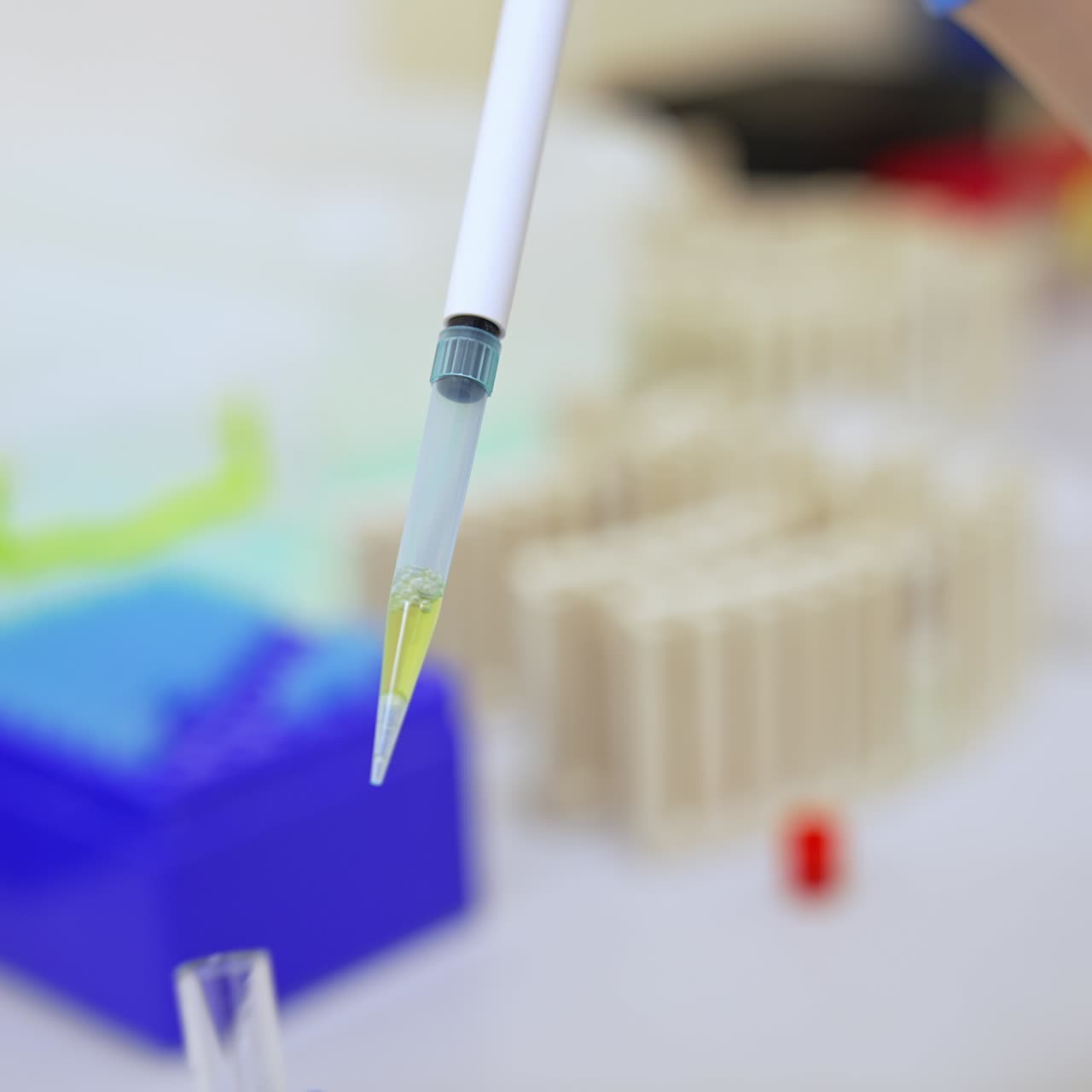 Device pipette taking in the yellow liquid. Close up. Female laboratory assistant in blue latex gloves working in the hospital