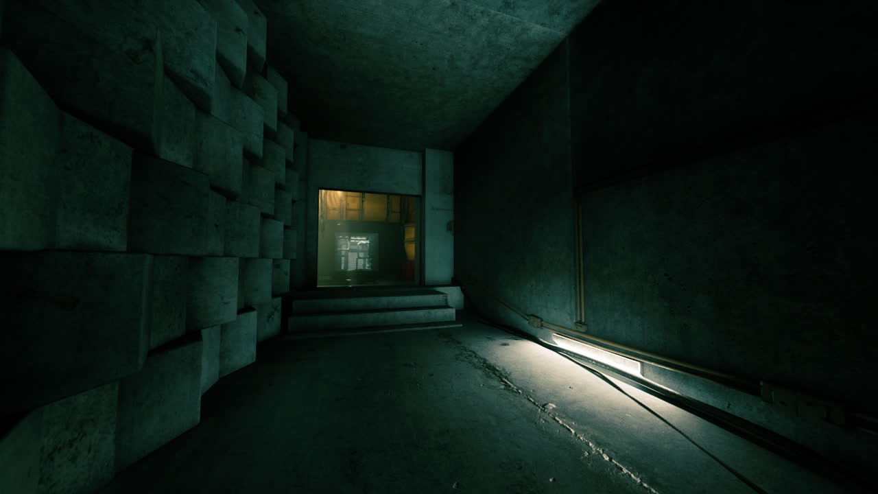 Mysterious underground corridor with a faint light in an eerie environment