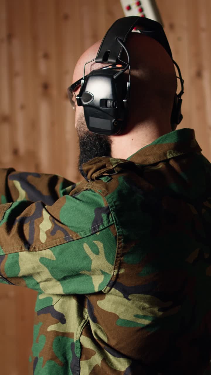 Vertical video Man in firing range shooting targets with pistol doing face palm after missing