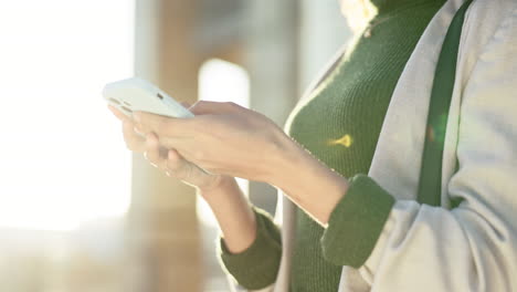 hands, typing and person with phone in city