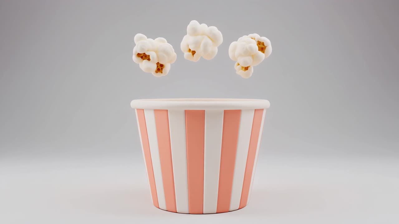 Popcorn animati in 3D che scoppiano sopra un secchiello a strisce