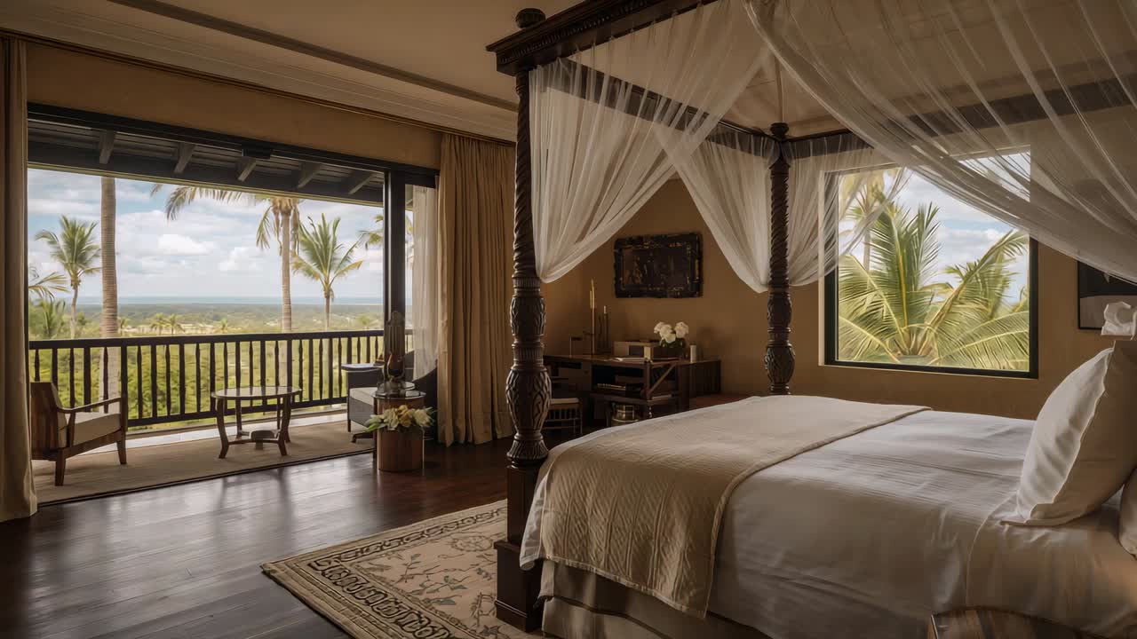 Panning camera highlighting four-poster bed details and showing balcony palm view in resort room