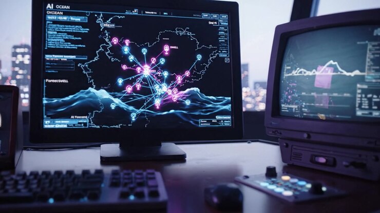 Avanceret kontrolrum med skærm, der viser kompleks netværksvisualisering og interaktive data i en futuristisk bymæssig ramme i skumringen.