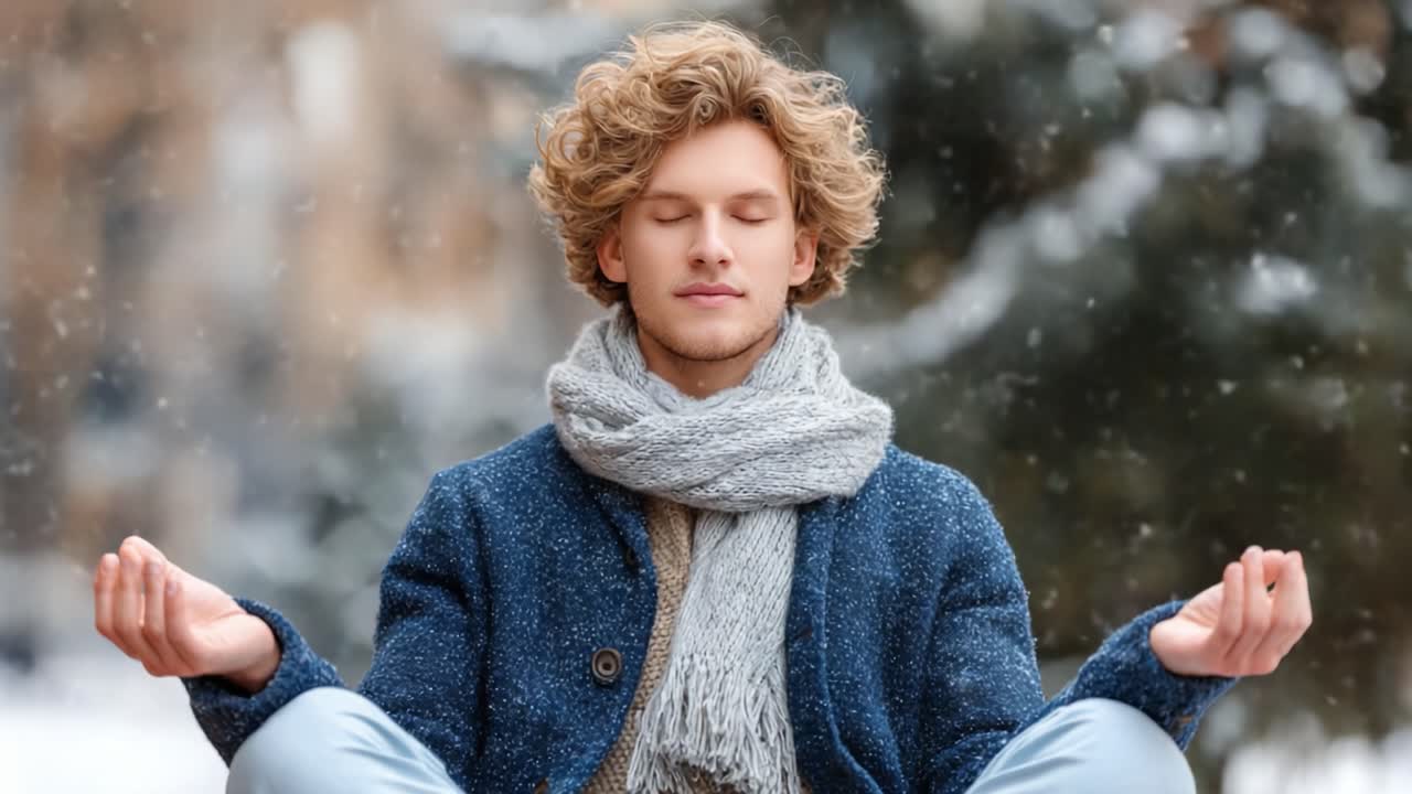 A Serene Moment of Meditation in a Snowy Landscape, Capturing the Essence of Inner Peace and Tranquility Amidst a Winter Wonderland
