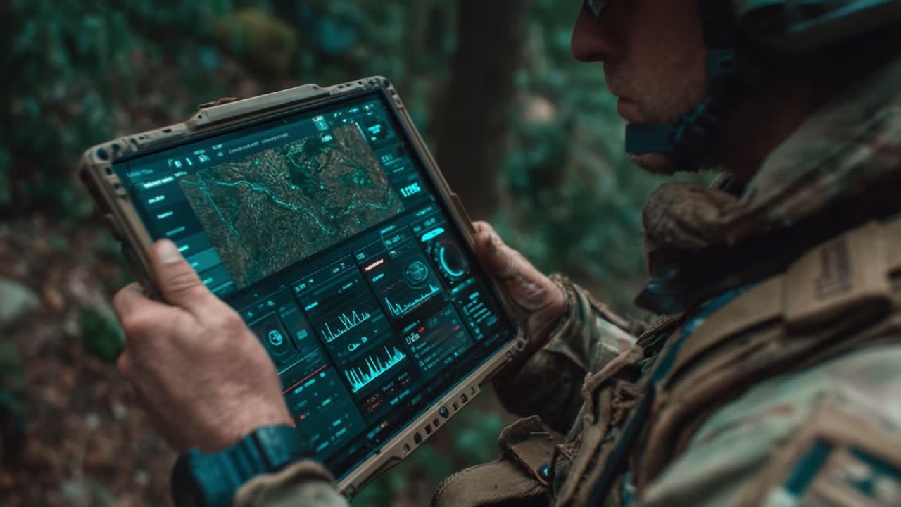 A Soldier Analyzing Tactical Data on a Rugged Tablet in a Dense Forest Environment, Focusing on Terrain and Mission Metrics in a Modern Warfare Scenario