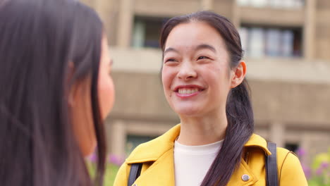 Two-Smiling-Young-Female-Friends-Meeting-And-Talking-Outdoors-On-City-Street-Together