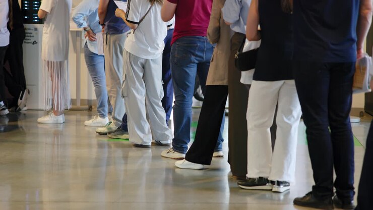 A line of people waiting indoors
