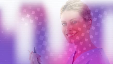 Animation-of-shapes-over-caucasian-female-doctor-with-clipboard