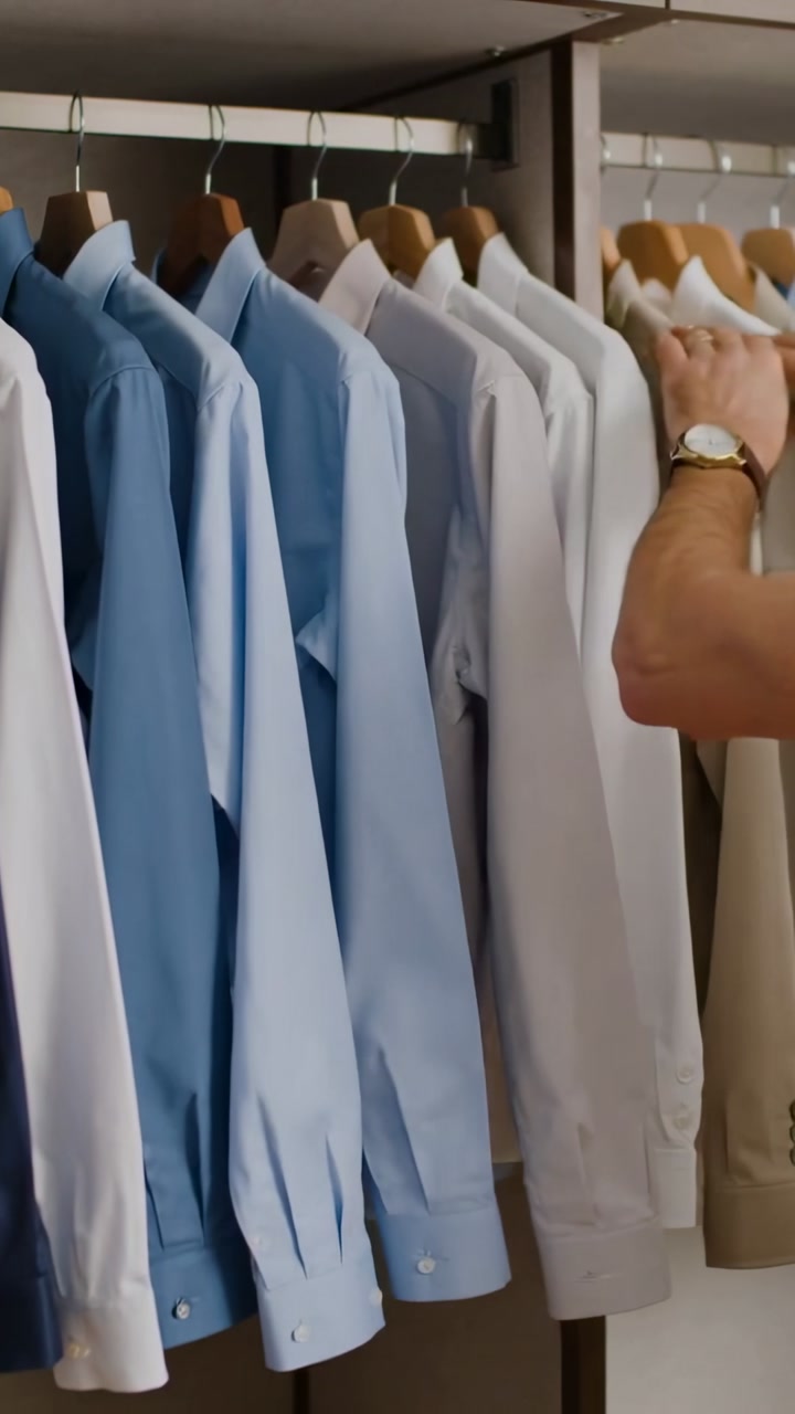 Vertical video: Sliding right arm, man in white tee fixing collars on closet rack checking shirts