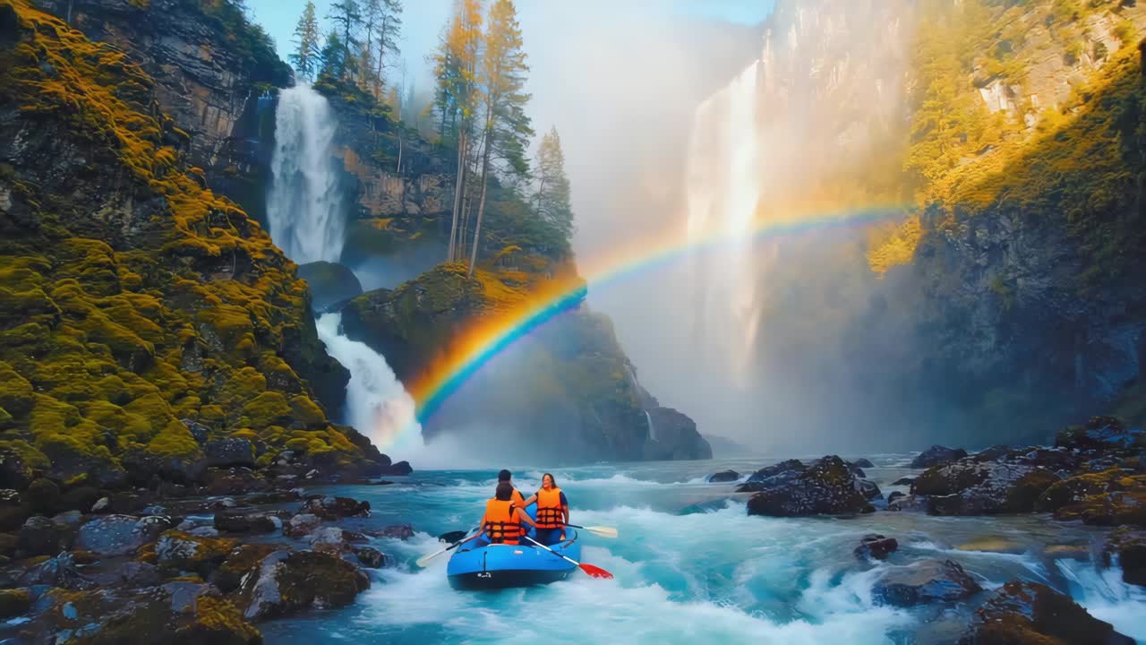 Rafting Adventure at a Waterfall with a Rainbow