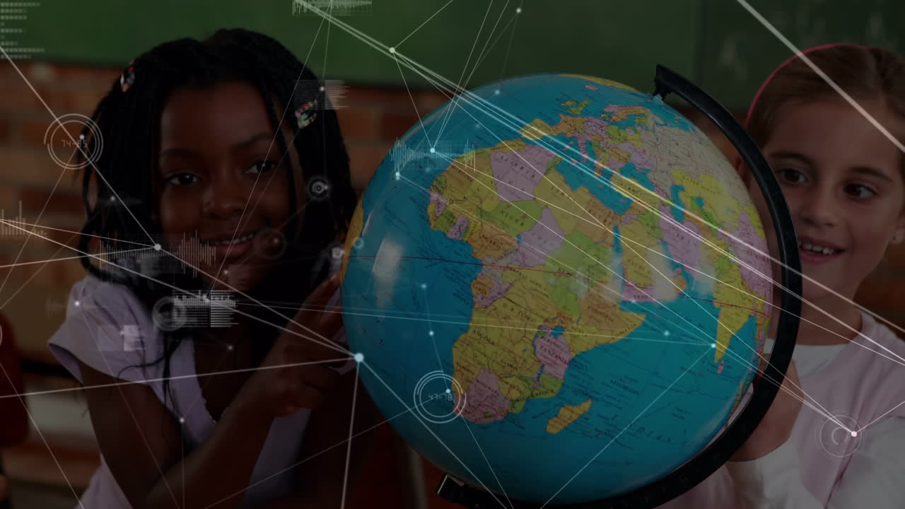 Animation of connections over diverse girls with globe at school