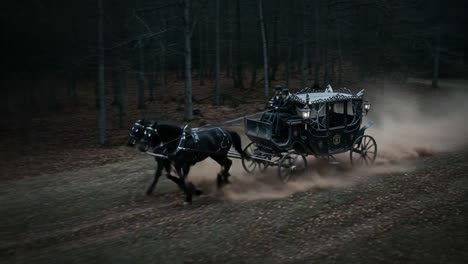 a mysterious midnight ride: an elegant black horse-drawn carriage gallops through an enchanted forest, leaving a trail of dust behind in a spectacular display of grace