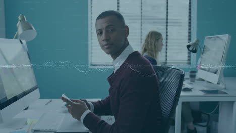 animation of financial data processing over biracial businessman using smartphone