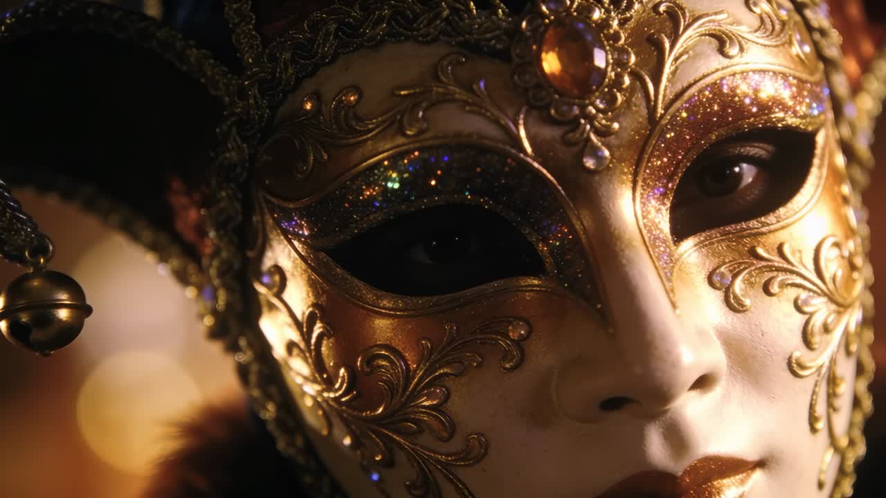 Reagendo a un cambiamento di luce, un artista mascherato inclina il viso a un ballo, con una maschera d'oro e un copricapo con gioiello d'ambra.