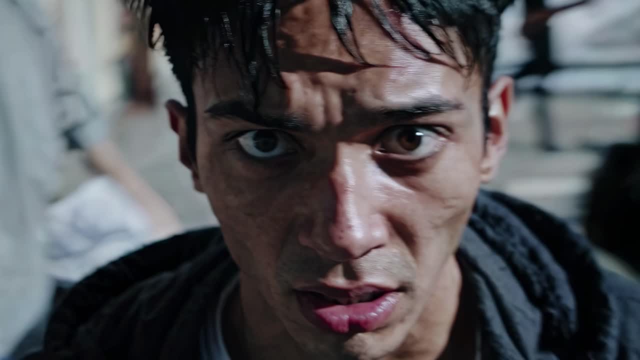 Close-up video shot of a man's intense expression, capturing raw emotion and urgency