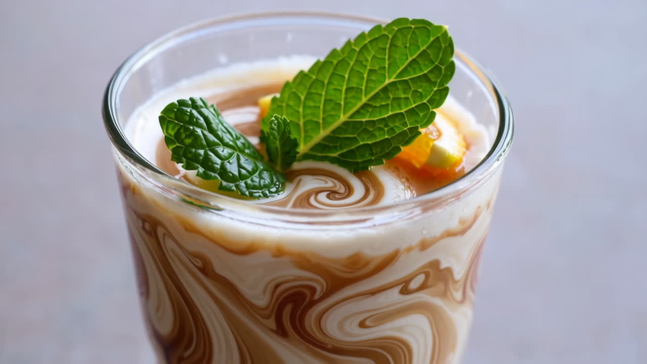 Delicious Swirled Coffee Drink with Mint and Orange Garnish