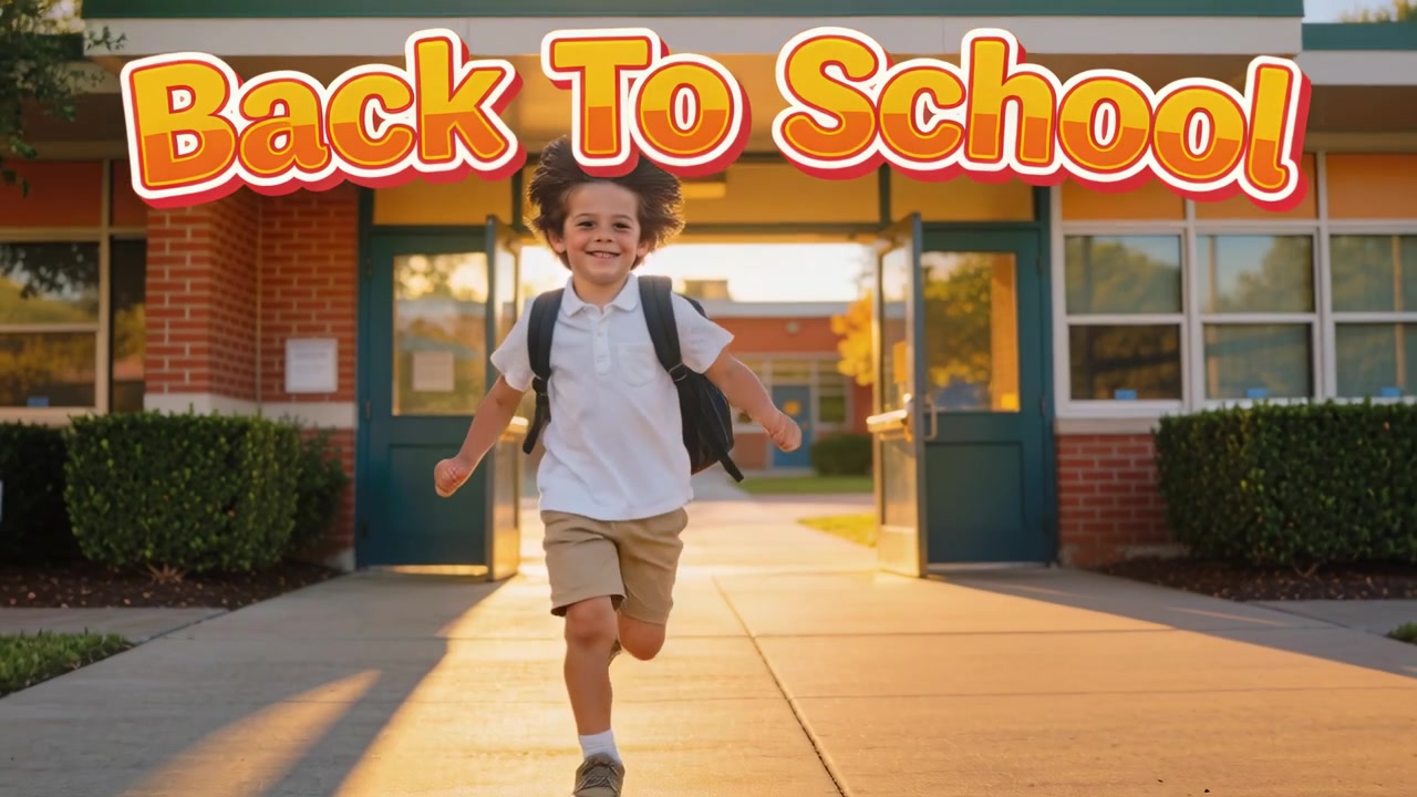 Arriving student in white polo running toward lens from open school doors, backpack Back To School
