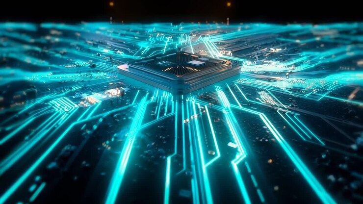 Futuristic circuit board video with a top-down angle, showcasing glowing blue pathways