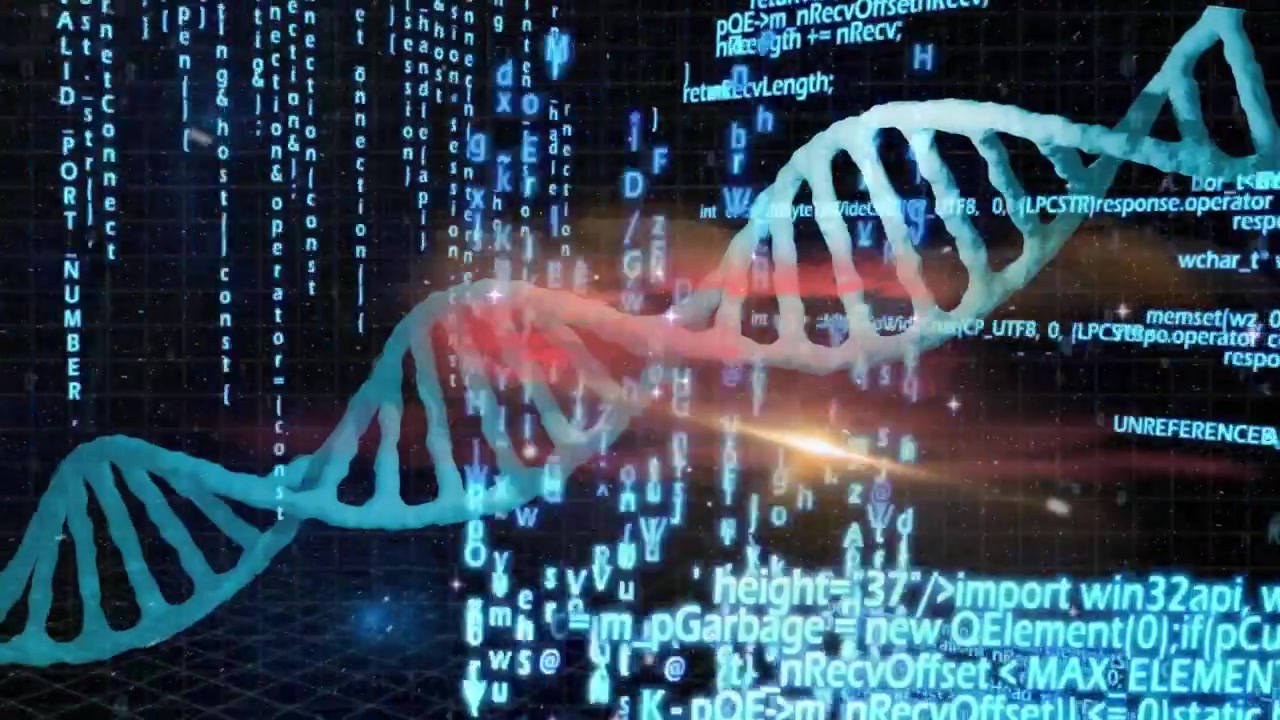Upon red glow emerging, helix rotating over grid, code streams cascading for data visualization