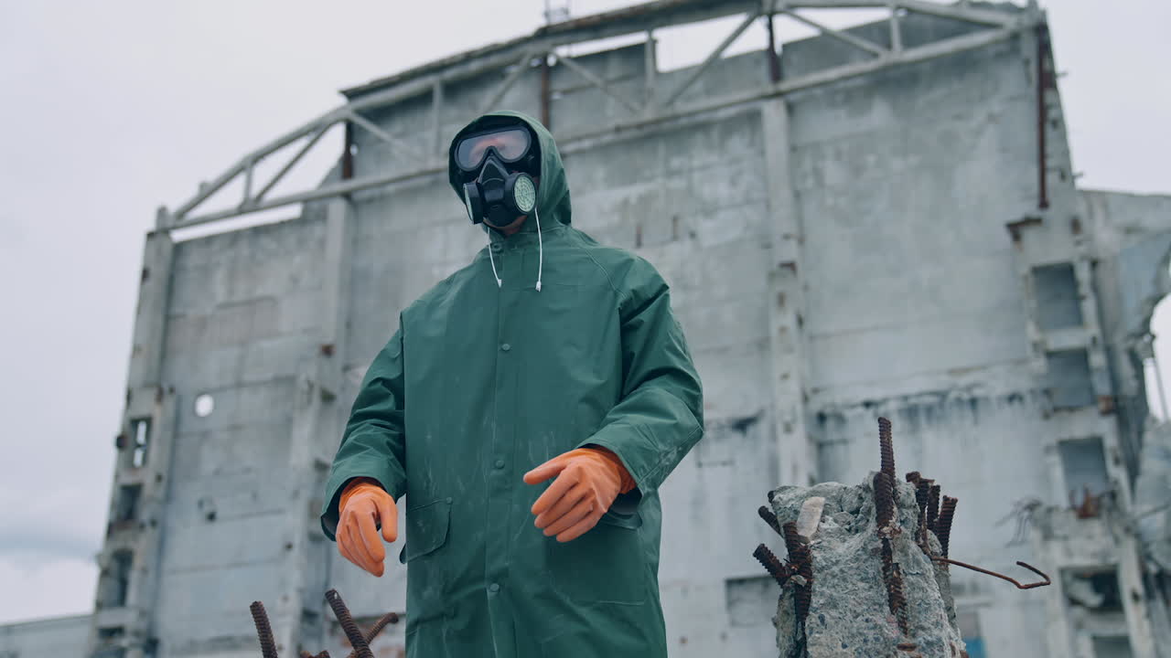 Man wearing hazmat suit in polluted zone. Worker in protective suit, mask and gloves in abandoned place with biological attack threat.