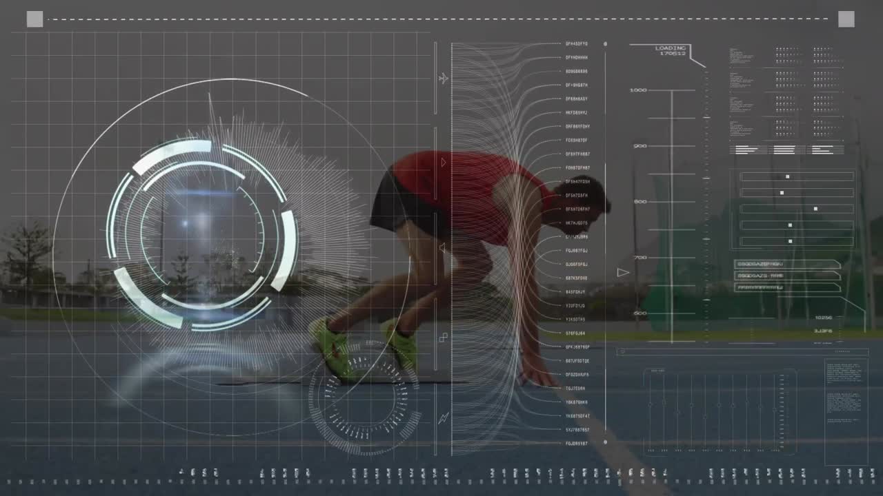 Animation of data processing on digital screen over caucasian man running at stadium