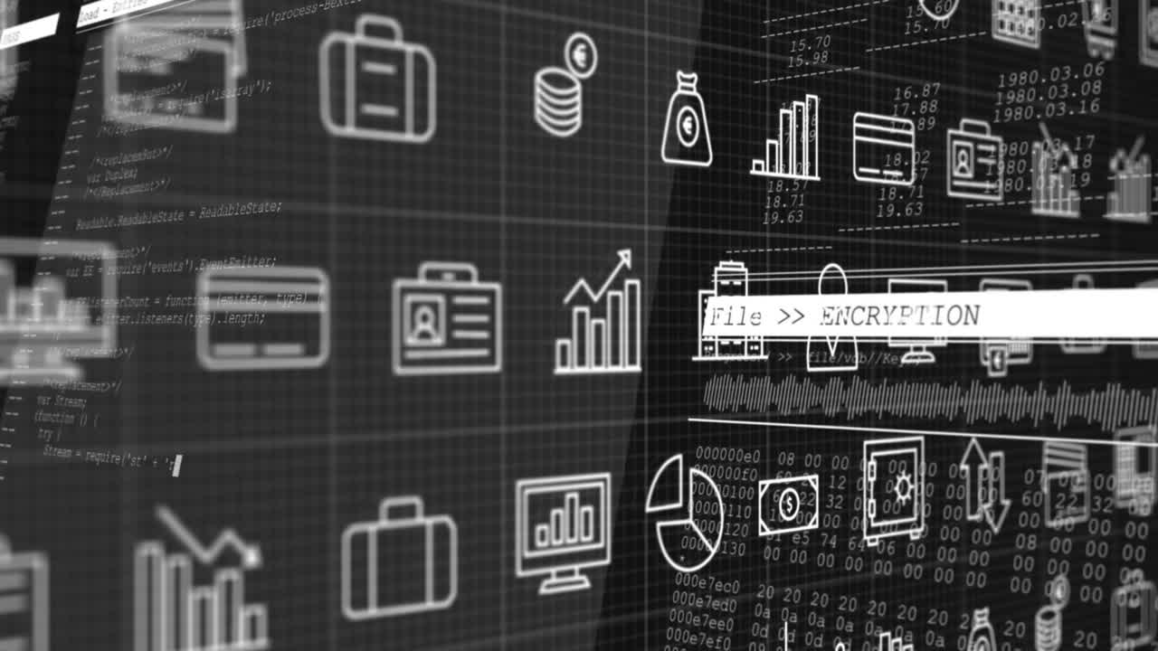 어두운 배경에 비즈니스 아이콘의 행과 금융 데이터 처리의 애니메이션