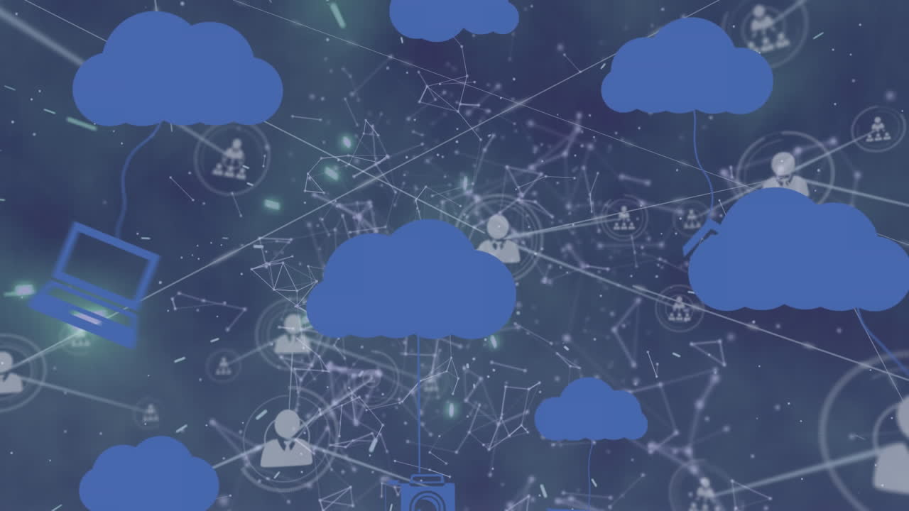 animación de iconos de nubes a través de una red de conexiones con iconos