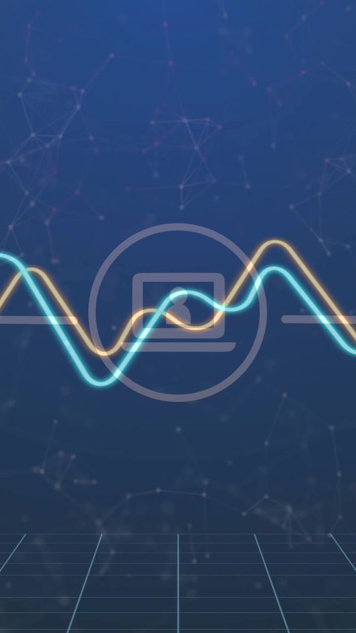 Vertical video: Waveforms entering sides crossing laptop badge, showing data flow across tech net