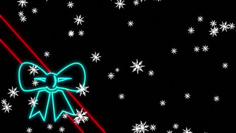 Animation-of-snow-falling-over-christmas-neon-decoration-on-black-background