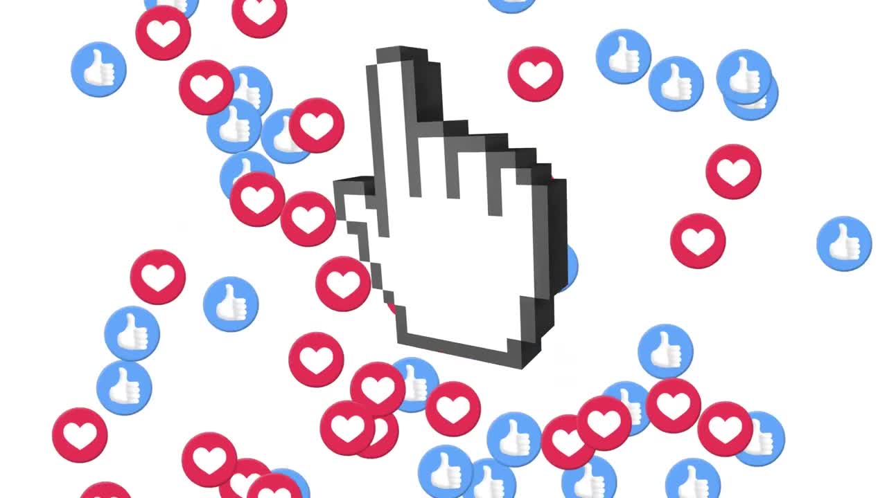 Animation of hearts, like and swipe up over white background