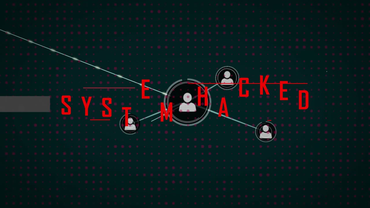 Animation of system hacked text over network of connections with icons
