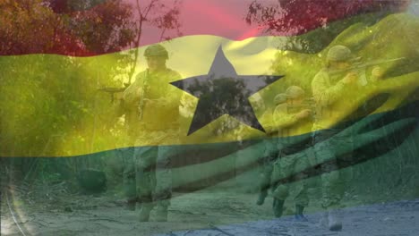 Animation-of-flag-of-ghana-over-diverse-male-soldiers-walking-with-weapon