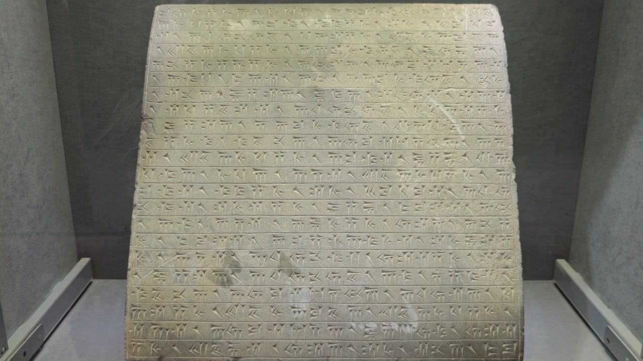 Ancient Stone Tablet with Cuneiform Inscriptions in Museum Display