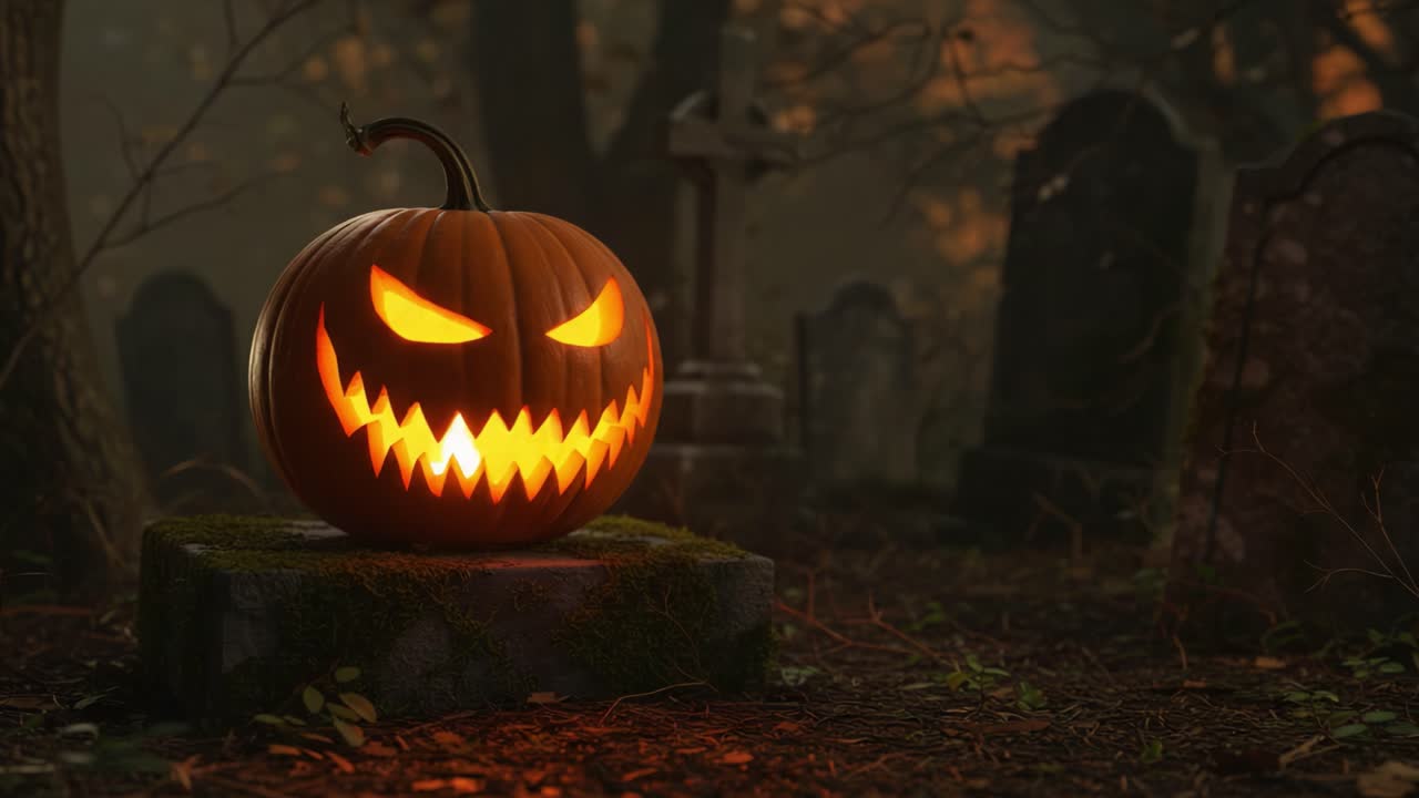 Una spettrale zucca intagliata luminosa con un ghigno minaccioso illumina un cimitero nebbioso al crepuscolo, evocando lo spirito inquietante di Halloween e di tutte le cose spettrali